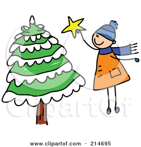 Royalty-Free (RF) Clipart Illustration of a Childs Sketch Of A Boy Floating To Put A Star On A Tree by Prawny
