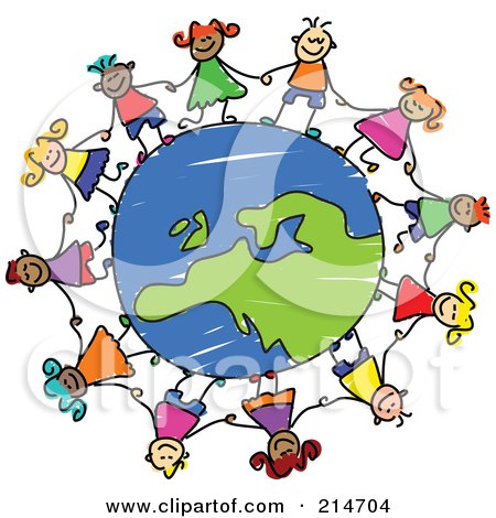 Royalty-Free (RF) Clipart Illustration of a Childs Sketch Of Children Holding Hands Around A European Globe by Prawny