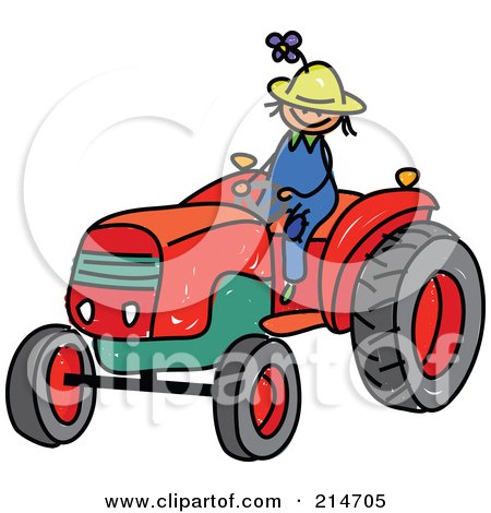 Royalty-Free (RF) Clipart Illustration of a Childs Sketch Of A Farmer Boy Riding A Tractor by Prawny