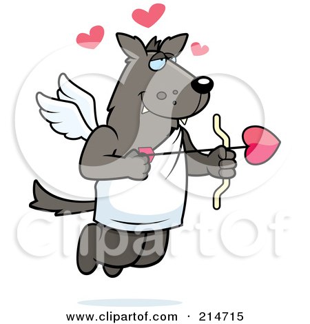 Royalty-Free (RF) Clipart Illustration of a Flying Wolf Cupid With Hearts And An Arrow by Cory Thoman