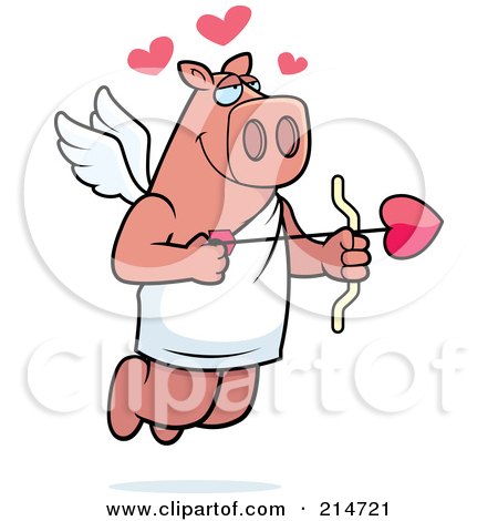 Royalty-Free (RF) Clipart Illustration of a Flying Pig Cupid With Hearts And An Arrow by Cory Thoman