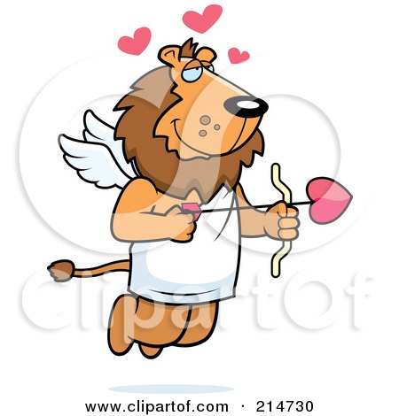 Royalty-Free (RF) Clipart Illustration of a Flying Lion Cupid With Hearts And An Arrow by Cory Thoman