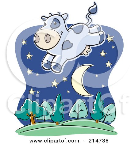 Royalty-Free (RF) Clipart Illustration of a Cow Leaping Over A Crescent Moon And Trees by Cory Thoman