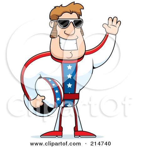 Royalty-Free (RF) Clipart Illustration of a Strong Dare Devil Man Waving And Holding His Helmet by Cory Thoman