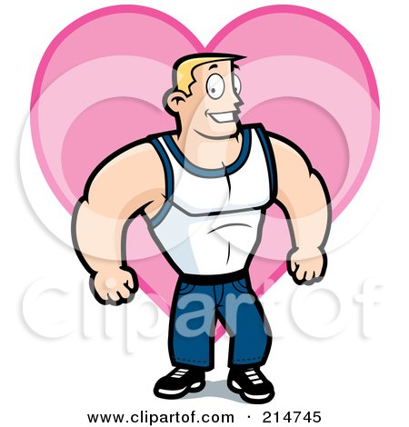 Royalty-Free (RF) Clipart Illustration of a Strong Man Flexing In Front Of A Pink Heart by Cory Thoman