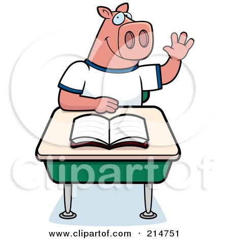 Royalty-Free (RF) Clipart Illustration of a Smart Pig Student Raising His Hand In Class by Cory Thoman