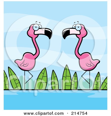 Royalty-Free (RF) Clipart Illustration of a Flamingo Pair Wading In A Pond by Cory Thoman