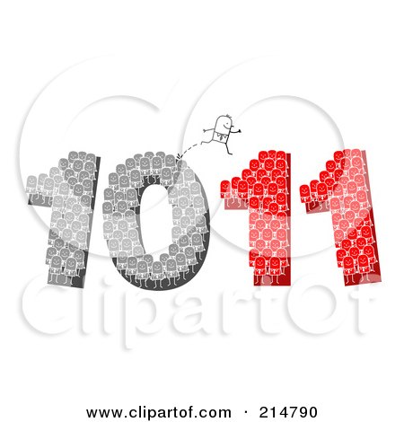 Royalty-Free (RF) Clipart Illustration of a Stick Businessman Jumping Over Crowds Forming 10 And 11 by NL shop