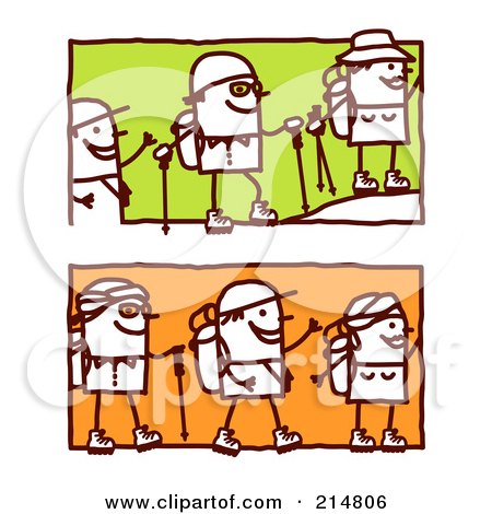 Royalty-Free (RF) Clipart Illustration of a Digital Collage Of Stick People Hiking by NL shop