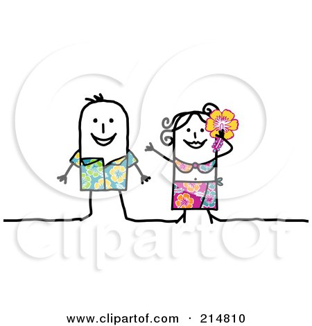 Royalty-Free (RF) Clipart Illustration of a Stick Couple Wearing Hibiscus Clothes In Hawaii by NL shop