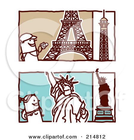 Royalty-Free (RF) Clipart Illustration of a Digital Collage Of Stick Tourists Viewing The Eiffel Tower And Statue Of Liberty by NL shop