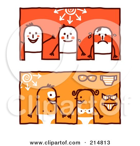 Royalty-Free (RF) Clipart Illustration of a Digital Collage Of Stick People With Tan Lines And Sun Burns by NL shop