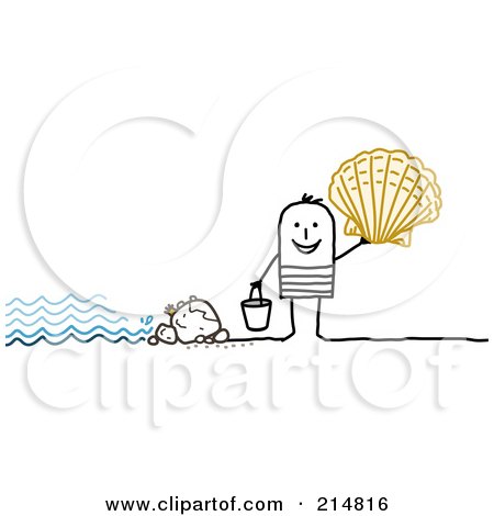 Royalty-Free (RF) Clipart Illustration of a Stick Man Shell Collecting On A Beach by NL shop