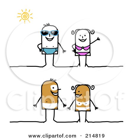 Royalty-Free (RF) Clipart Illustration of a Digital Collage Of A Stick Couple In Swimwear And Nude With Tan Lines by NL shop