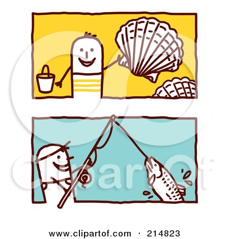 Royalty-Free (RF) Clipart Illustration of a Digital Collage Of Stick Men Collecting Shells And Fishing by NL shop