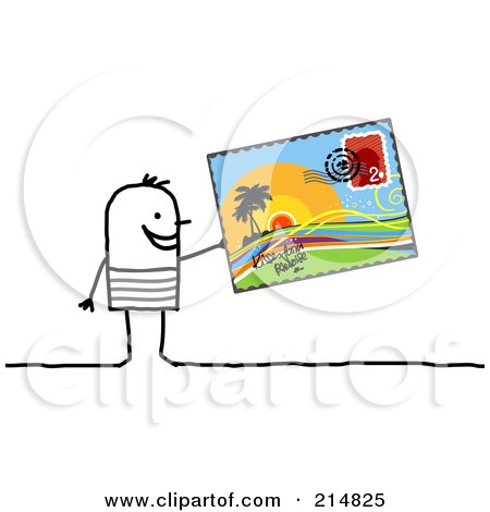 Royalty-Free (RF) Clipart Illustration of a Stick Man Holding A Tropical Post Card by NL shop
