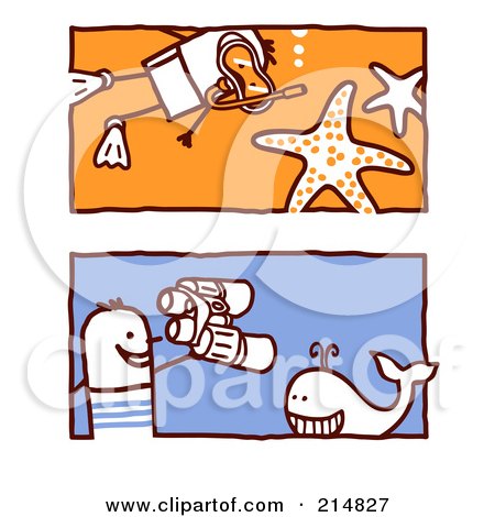 Royalty-Free (RF) Clipart Illustration of a Digital Collage Of Stick Men Whale Watching And Snorkeling by NL shop