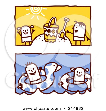 Royalty-Free (RF) Clipart Illustration of a Digital Collage Of Stick Children Playing In The Sand And Swimming by NL shop