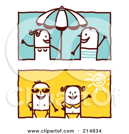 Royalty-Free (RF) Clipart Illustration of a Digital Collage Of Summer Stick Couples By An Umbrella And Wearing Swimsuits by NL shop