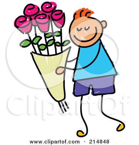 Royalty-Free (RF) Clipart Illustration of a Childs Sketch Of A Boy Carrying Roses by Prawny