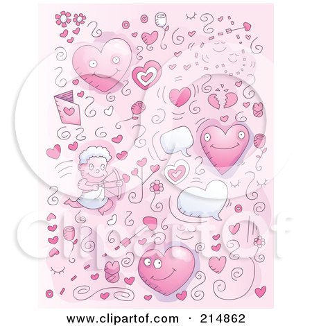 Royalty-Free (RF) Clipart Illustration of a Background Of Pink Valentine Doodles With Hearts And Cupid by Cory Thoman