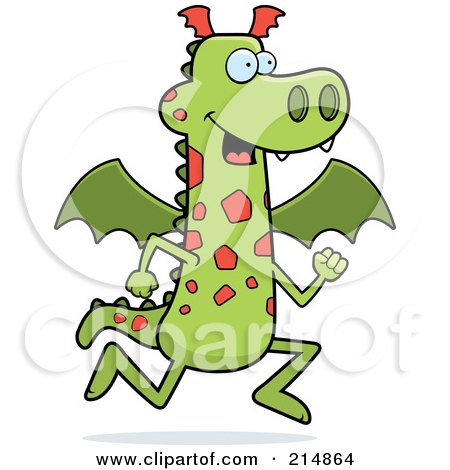 Royalty-Free (RF) Clipart Illustration of a Green And Orange Spotted Dragon Running by Cory Thoman