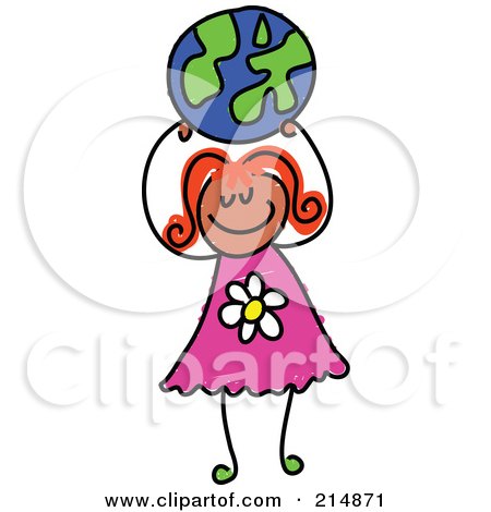Royalty-Free (RF) Clipart Illustration of a Childs Sketch Of A Girl Holding Up A Globe Ball by Prawny