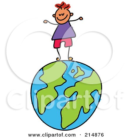 Royalty-Free (RF) Clipart Illustration of a Childs Sketch Of A Happy Boy Standing On A Globe by Prawny