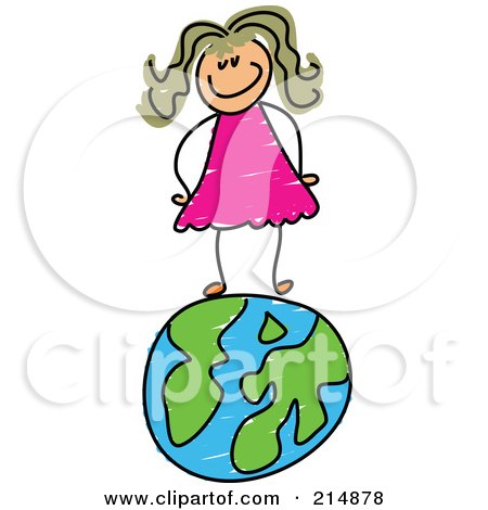 Royalty-Free (RF) Clipart Illustration of a Childs Sketch Of A Happy Girl Standing On A Globe by Prawny