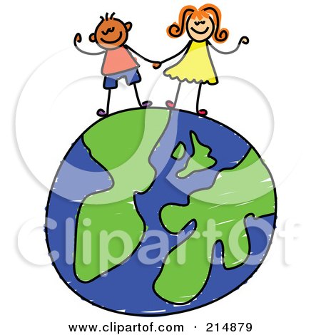 Royalty-Free (RF) Clipart Illustration of a Childs Sketch Of Two Children Holding Hands On A Globe by Prawny
