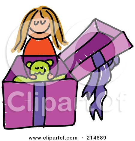 Royalty-Free (RF) Clipart Illustration of a Childs Sketch Of A Girl Opening A Gift With A Teddy Bear by Prawny
