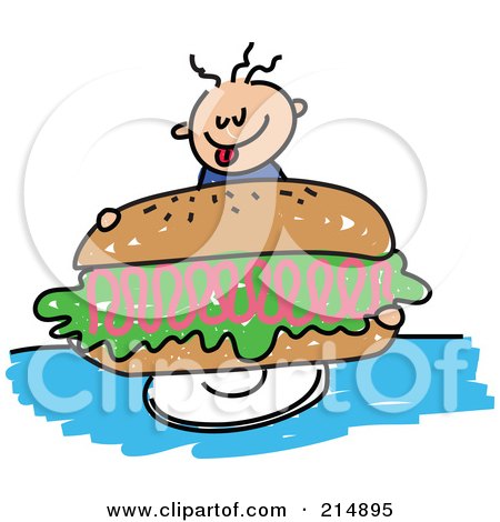 Royalty-Free (RF) Clipart Illustration of a Childs Sketch Of A Boy Holding A Giant Ham Sandwich by Prawny