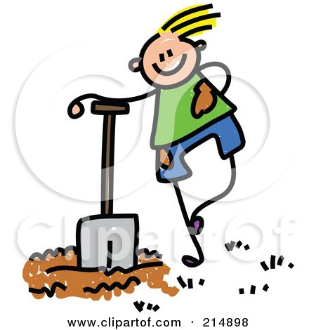 Royalty-Free (RF) Clipart Illustration of a Childs Sketch Of A Boy Leaning On A Shovel by Prawny