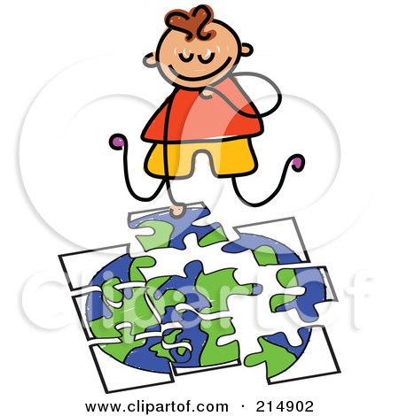 Royalty-Free (RF) Clipart Illustration of a Childs Sketch Of A Boy Doing A Globe Puzzle by Prawny