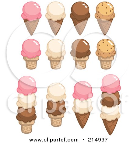 Royalty-Free (RF) Clipart Illustration of a Digital Collage Of Strawberry, Vanilla, Chocolate And Cookie Dough Ice Cream Cones by Cory Thoman