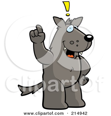 Royalty-Free (RF) Clipart Illustration of a Big Wolf Standing On His Hind Legs, Holding His Finger Up With An Idea by Cory Thoman