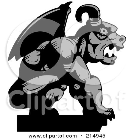 Royalty-Free (RF) Clipart Illustration of a Profiled Stone Gargoyle Statue In Grayscale by Cory Thoman