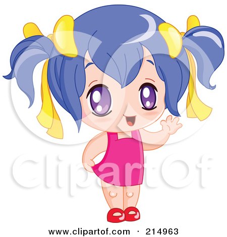 Royalty-Free (RF) Clipart Illustration of a Cute Waving Manga Girl With Blue Hair by yayayoyo
