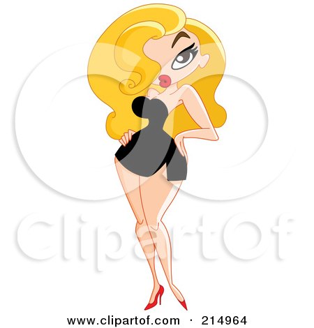 Royalty-Free (RF) Clipart Illustration of a Sexy Blond Bombshell Pinup Woman In A Black Dress by yayayoyo