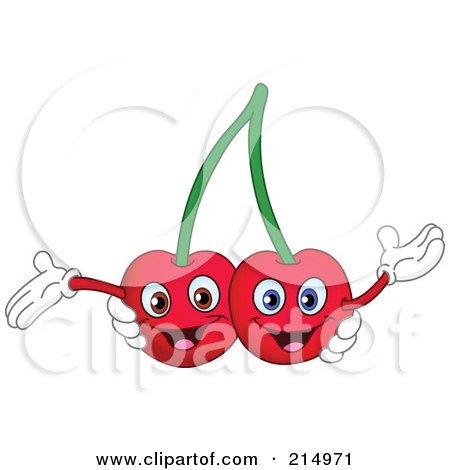 Royalty-Free (RF) Clipart Illustration of Two Happy Cherry Characters Holding Their Arms Up by yayayoyo