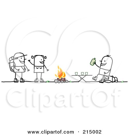 Royalty-Free (RF) Clipart Illustration of a Camping Couple Talking To A Man Drinking By A Fire by NL shop