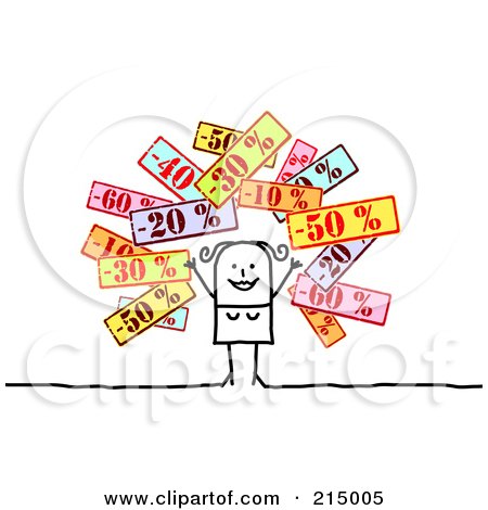 Royalty-Free (RF) Clipart Illustration of a Stick Woman With Discount Signs by NL shop
