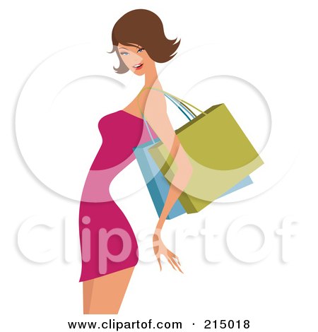 Royalty-Free (RF) Clipart Illustration of a Sexy Brunette Woman Shopping In A Pink Dress - From The Knees Up by OnFocusMedia
