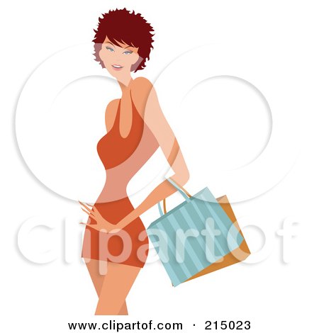 Royalty-Free (RF) Clipart Illustration of a Short Haired Woman Shopping In An Orange Dress - From The Knees Up by OnFocusMedia