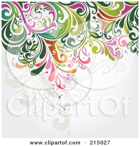 Royalty-Free (RF) Clipart Illustration of a Green, Pink And Orange Floral Vine Pattern Over Off White by OnFocusMedia