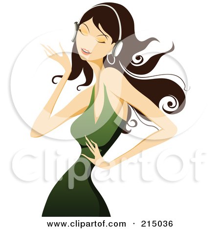 Royalty-Free (RF) Clipart Illustration of a Glam Brunette Woman Wearing Headphones And Dancing In A Green Dress by OnFocusMedia