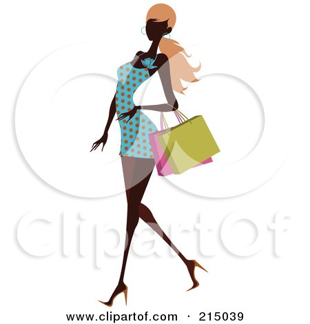 Royalty-Free (RF) Clipart Illustration of a Black Woman Woman Shopping In A Polka Dot Dress by OnFocusMedia