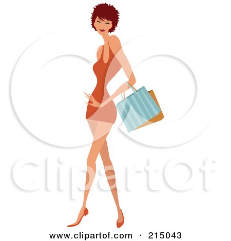 Royalty-Free (RF) Clipart Illustration of a Short Haired Woman Shopping In An Orange Dress - Full Body by OnFocusMedia