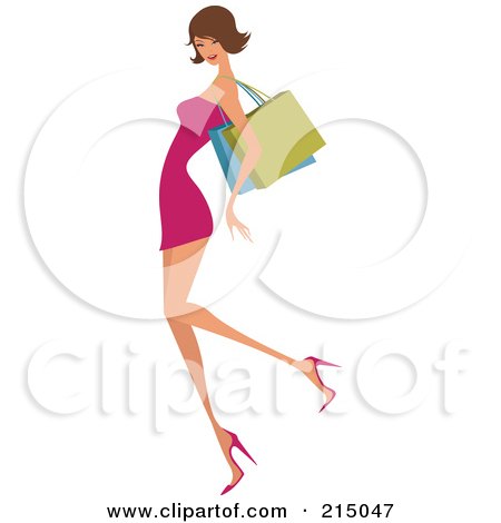 Royalty-Free (RF) Clipart Illustration of a Sexy Brunette Woman Shopping In A Pink Dress - Full Body by OnFocusMedia