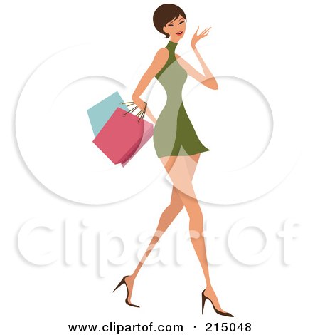 Royalty-Free (RF) Clipart Illustration of a Short Haired Woman Shopping In A Green Dress - Full Body by OnFocusMedia